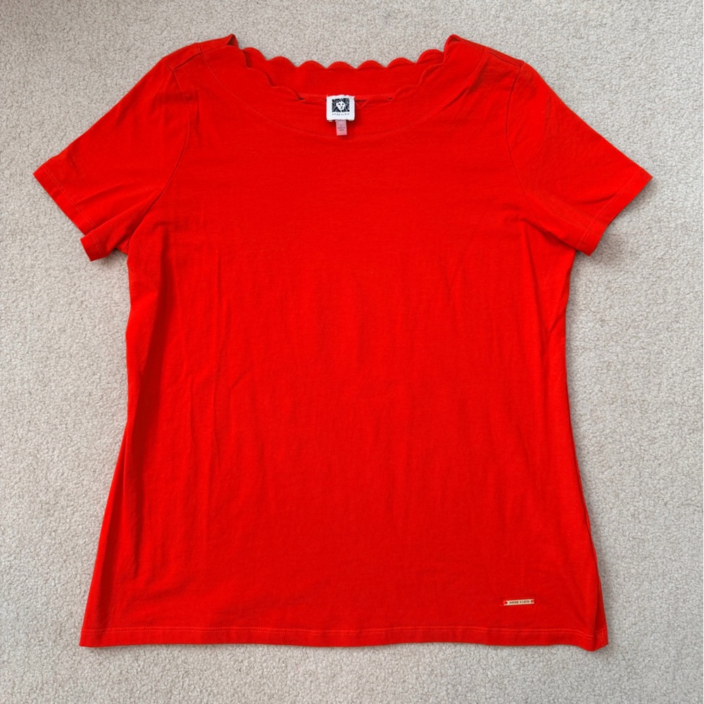 Anne Klein Red Scallop Neck Short Sleeve Tee